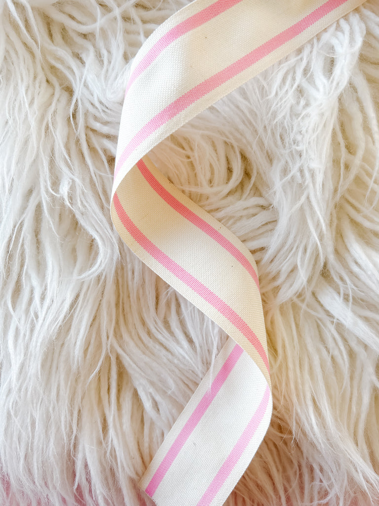 1.5 Inch Cotton Blend Woven Double Stripe Ribbon with Woven Edge in Pink